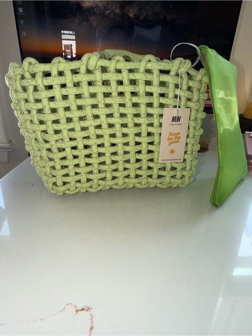 Woven Braided Tote in Light Green with Matching Pouch